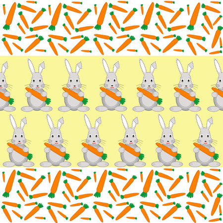 Rabbits and carrots seamless pattern on yellow backgroundの写真素材
