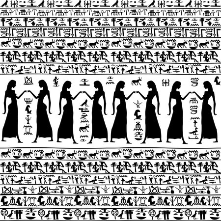 Black and white background with egyptian women and hieroglyphsの写真素材