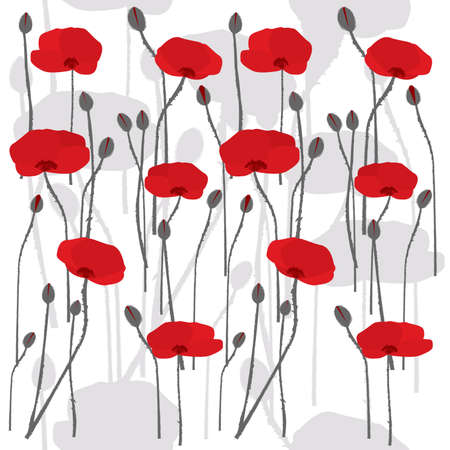 Seamless pattern with hand drawn stylized poppies on white backgroundのイラスト素材