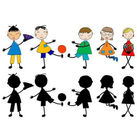 Set of doodle hand drawn cartoon kids and silhouettesの写真素材