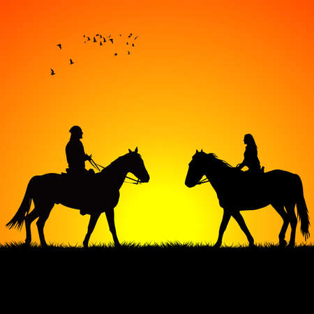 Silhouette of two riders on sunriseのイラスト素材
