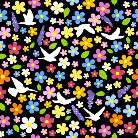 Colorful seamless with flowers and birdsのイラスト素材