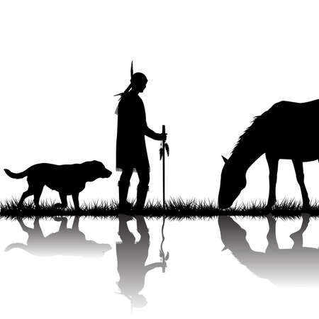 American indian with horse and dogのイラスト素材