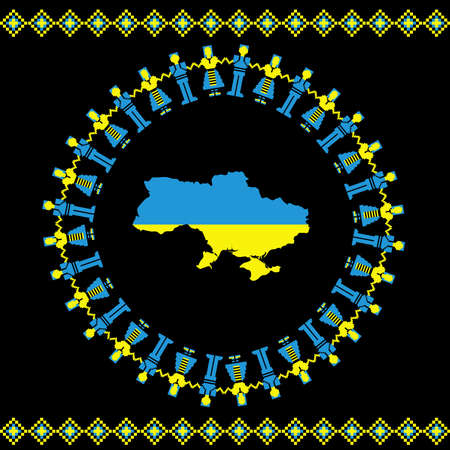 People in Ukraine flag colors dancing around the Ukraine map colored with flag colorsのイラスト素材
