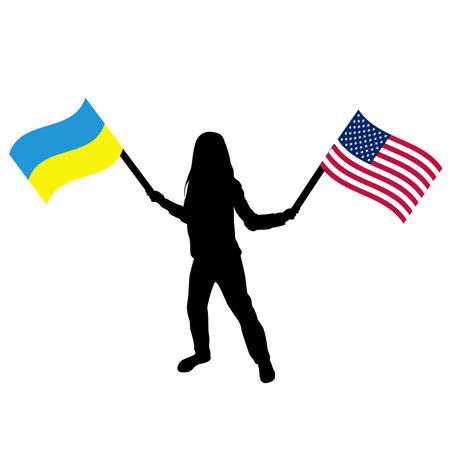 Ukraine and USA concept with girl holding the Ukraine and USA flagsのイラスト素材