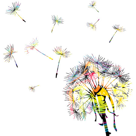 Colorful dandelion with flying seedsのイラスト素材