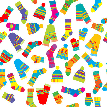 Colorful seamless pattern of winter accessories hats, scarves, mittens and socks on white backgroundのイラスト素材