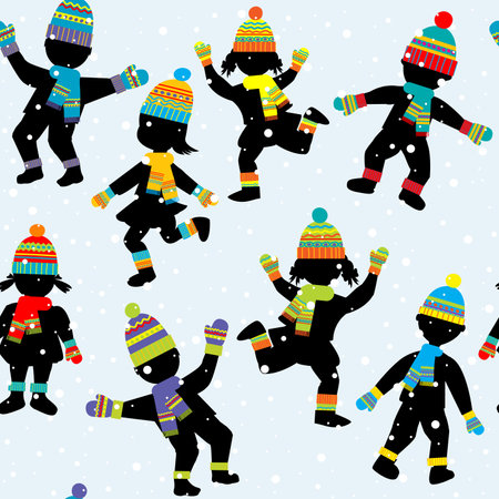 Seamless pattern with children silhouettes having fun in winter cold weather clothingの写真素材