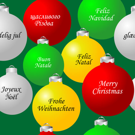 Colorful Christmas balls with the message Merry Christmas in different languagesのイラスト素材
