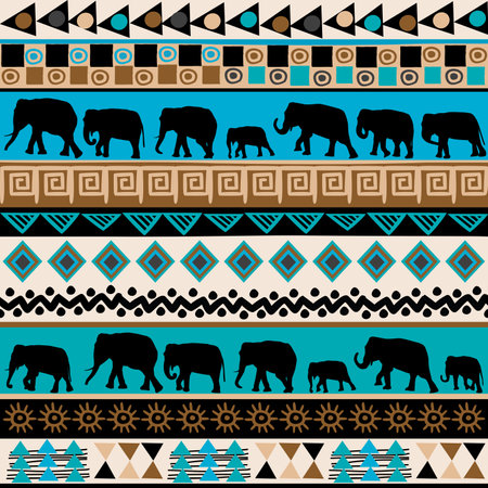 Tribal ethnic pattern with elephants silhouettes and traditional symbolsのイラスト素材