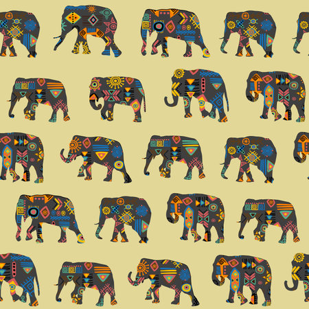 Seamless background with elephants made of ethnic symbols patternの写真素材