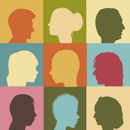 Vintage geometrical poster with profiles of women and menのイラスト素材