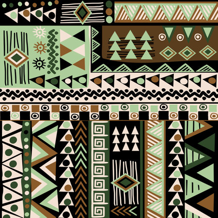 Doodle style pattern with ethnic motifs in green and brown colorsのイラスト素材