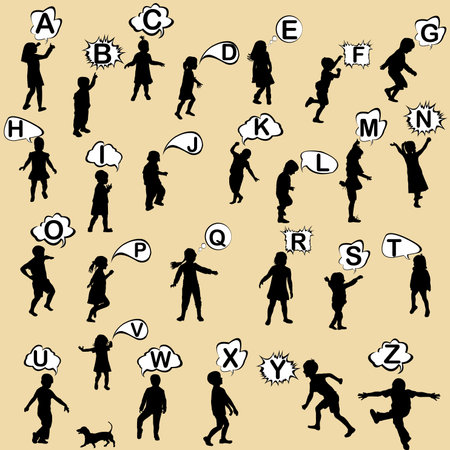 Children silhouette with speech bubbles with the letters of the alphabetのイラスト素材