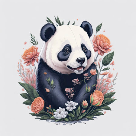Panda with flowers. Illustration in watercolor style. Vector.の素材