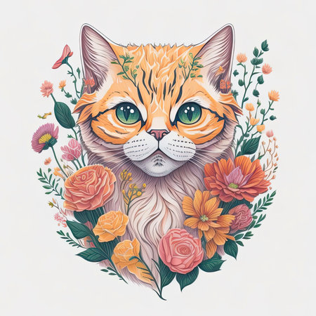 Cute cat with flowers. Hand drawn vector illustration for your designの素材