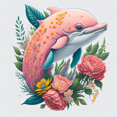 Cute dolphin with flowers, leaves and plants. Vector illustration.の素材
