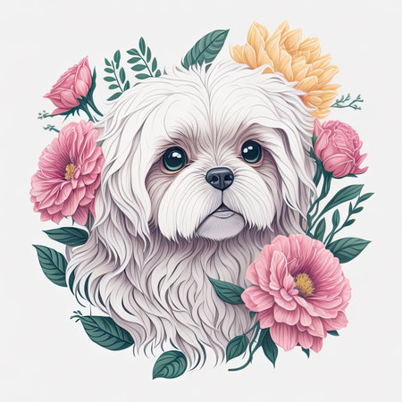 Cute shih tzu dog with flowers. Vector illustration.の素材