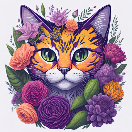 Vector illustration of a cat with flowers. Colorful vector illustration.の素材