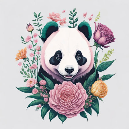 Panda with flowers and leaves. Vector illustration for your design.の素材