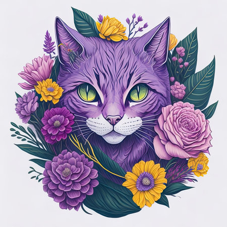 Vector illustration of a cat with a bouquet of flowers and leaves.の素材