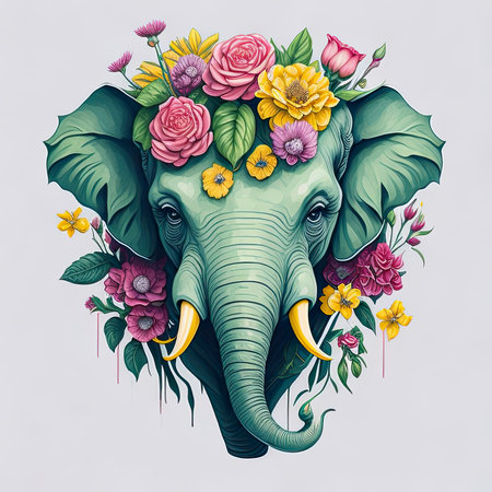 Hand drawn vector illustration of an elephant with flowers in its head.の素材