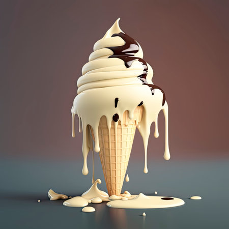 Ice cream in waffle cone with melted chocolate and splashes. 3d illustrationの素材