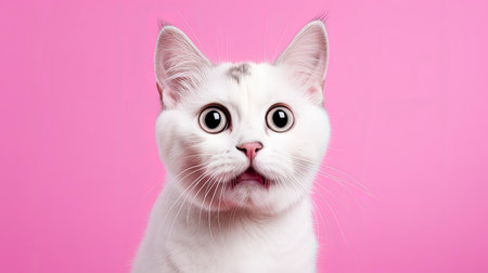 Portrait of a white cute  cat with surprised  expression on a pink background,Generative AIの素材