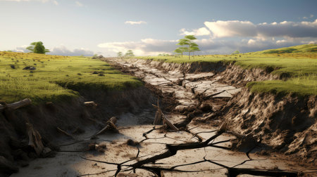 Landscape of cracked earth with tree in the background. 3d renderの素材