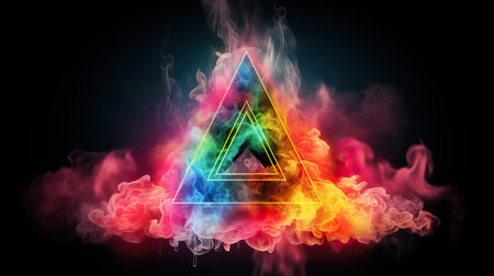 Triangle of colorful smoke on black background. 3D illustration.の素材