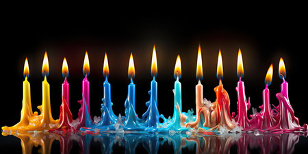 Colorful birthday candles with reflection on black background. 3d renderingの素材