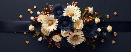 Flower bouquet with black ribbon and berries on black background.の素材