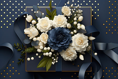 3d render of blue and white flowers in gift box with black ribbonの素材