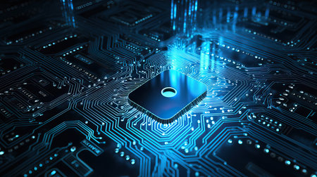 Close up view of circuit board with chip and binary code 3D renderingの素材