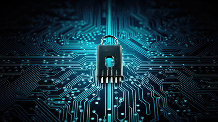 Close up of electronic circuit board with chip and padlock on itの素材