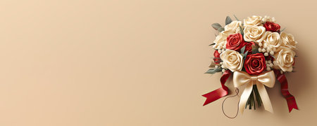 Bridal bouquet of red and white roses on beige backgroundの素材