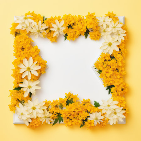 Flowers composition. Frame made of yellow flowers on yellow background. Flat lay, top view, copy spaceの素材