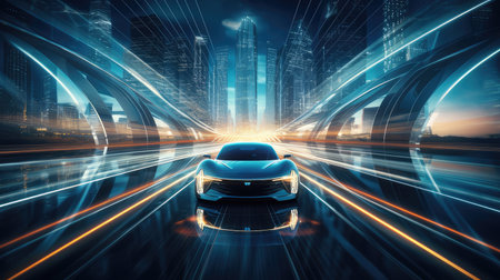 car on the road with motion blur and cityscape background, 3d renderingの素材