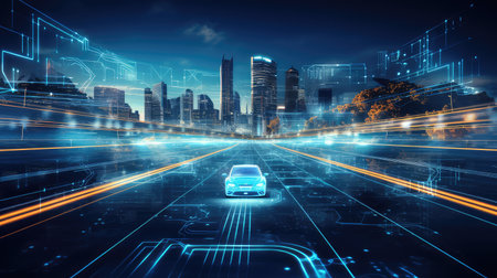 High-speed car on the road with cityscape background. 3d renderingの素材