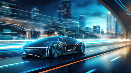 Conceptual image of modern car on the road with motion blurの素材