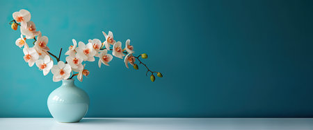 White orchid in vase on blue background. Copy space.の素材