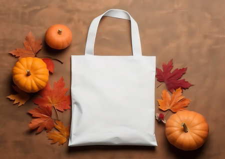 White shopping bag with autumn leaves and pumpkins on a brown backgroundの素材