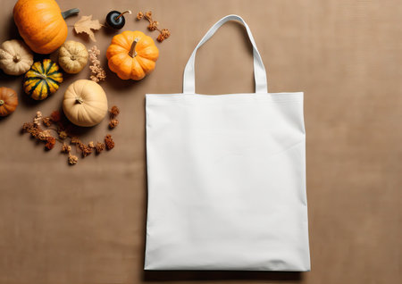 White shopping bag with pumpkins and autumn leaves on a brown backgroundの素材