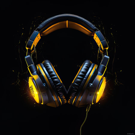 3d rendering of headphones with splashes on a black background.の素材