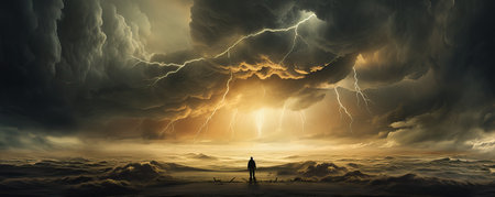 Conceptual image of a man standing in the middle of a stormy skyの素材