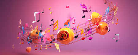 3d rendering of colorful musical notes flying in the air isolated on pink backgroundの素材