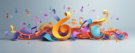 3d render of colorful music notes on white background. Music conceptの素材