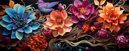 Floral background with flowers and birds. 3d rendering, 3d illustration.の素材