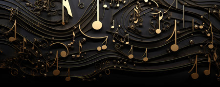 3d illustration of black background with golden musical notes, 3d renderingの素材