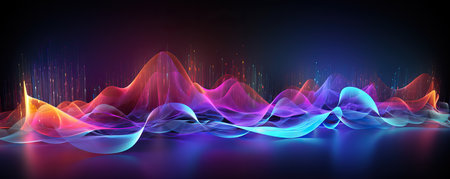 Music notes flowing on black background. 3D rendering. Neon colorsの素材